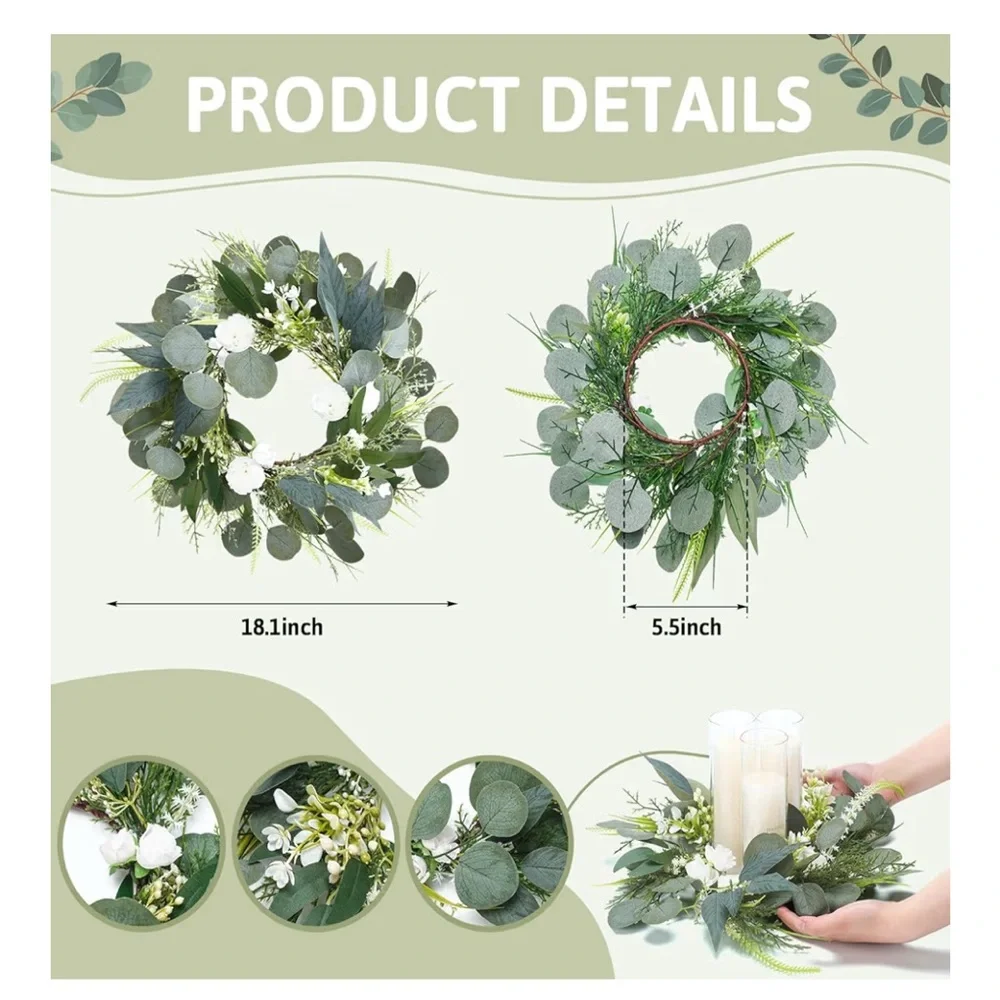 NIB Suncalla 6 Pcs Lrg Candle Rings Rose Eucalyptus Wreaths Wedding Centerpieces